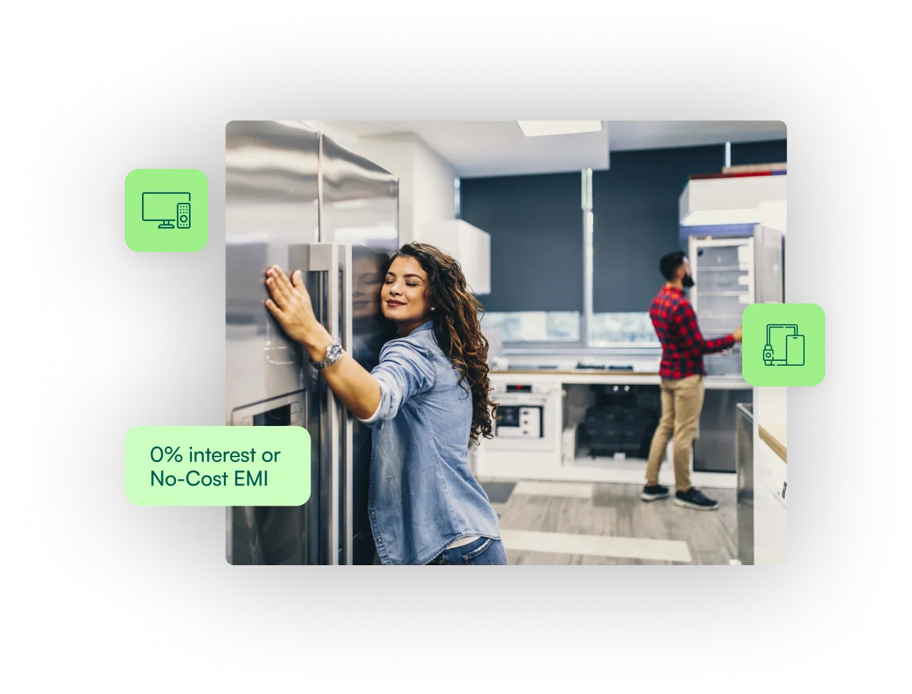 a woman opening a refrigerator with a man in the background